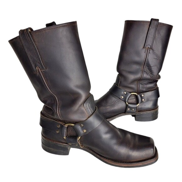 Vintage 80s FRYE Leather Harness Square Toe Moto Cowboy Boot Men's Size 10 Brown - Picture 13 of 16